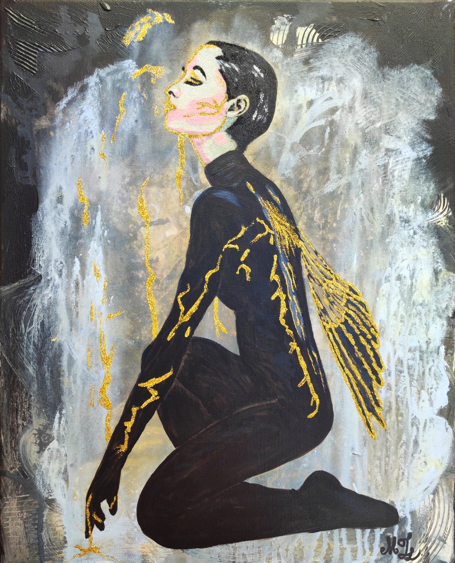 Originalgemälde Between Falling and Flying der zeitgenössischen Künstlerin Marika Junikajtes aus dem Großraum Frankfurt, Deutschland. Mixed Media auf Leinwand (Acryl, Metallicfarben, Glitzer)