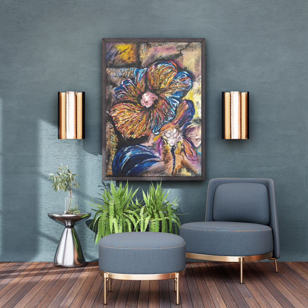 Originalgemälde She Plays With Fire von Contemporary Artist Marika Junikajtes. Art with Soul. Mixed Media (Acryl, Öl, Paper Collage, Modelling Paste) auf Leinwand