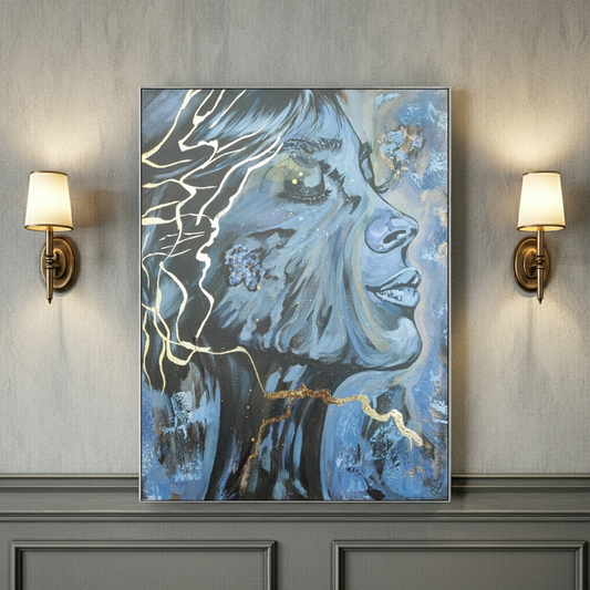 Beruhigendes abstraktes Bild in Pastell und Gold, Kintsugi Kunstwerk für Wellness und Entspannung, sanfte Wanddeko. Originalgemälde Sighs Of Relief von Marika Junikajtes an einer hellen Wand beleuchtet.