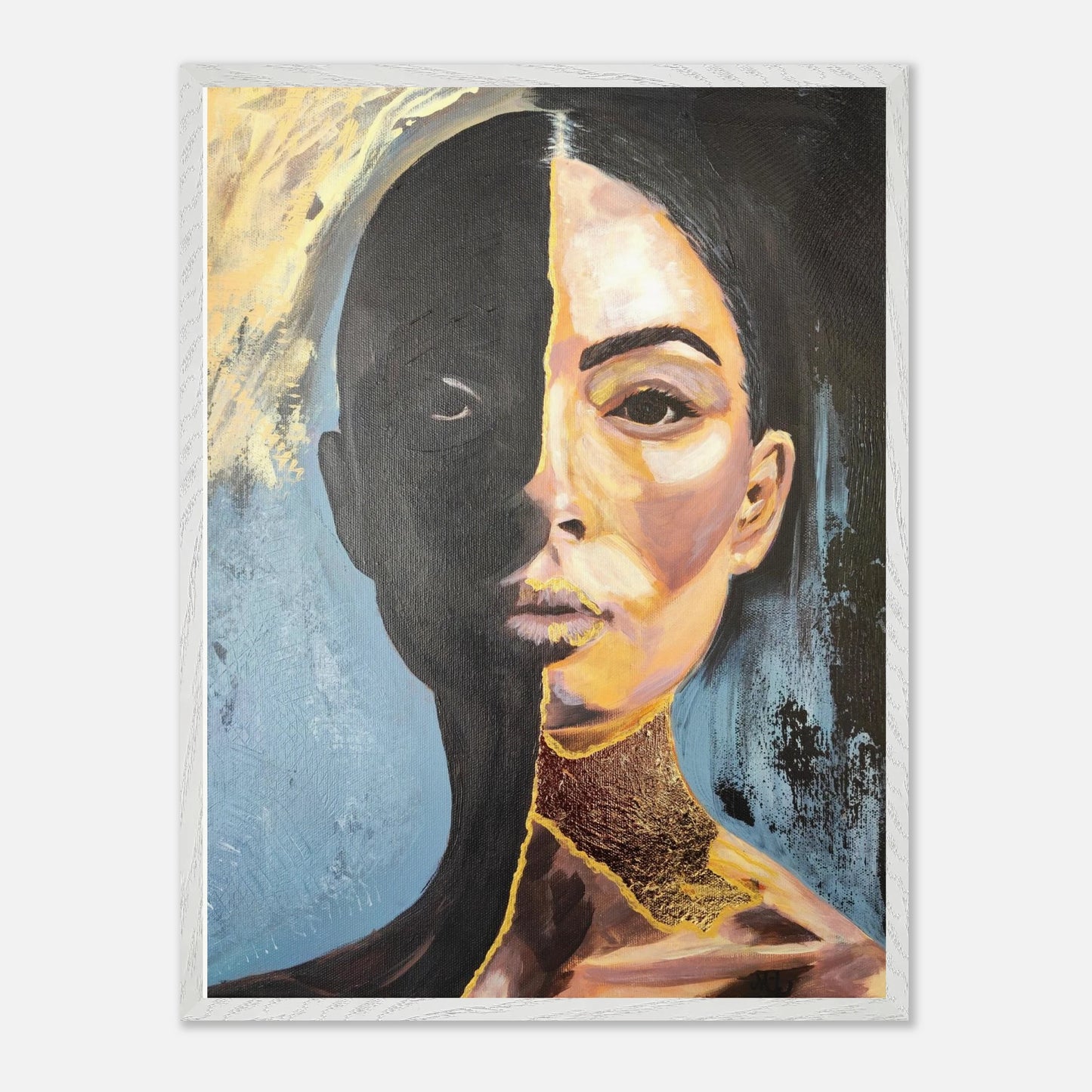 Originalgemälde Silence Is My Shield von Contemporary Artist Marika Junikajtes. Art with Soul. Series Strength Wears Black. Mixed Media (Acryl, Pouring) auf Leinwand