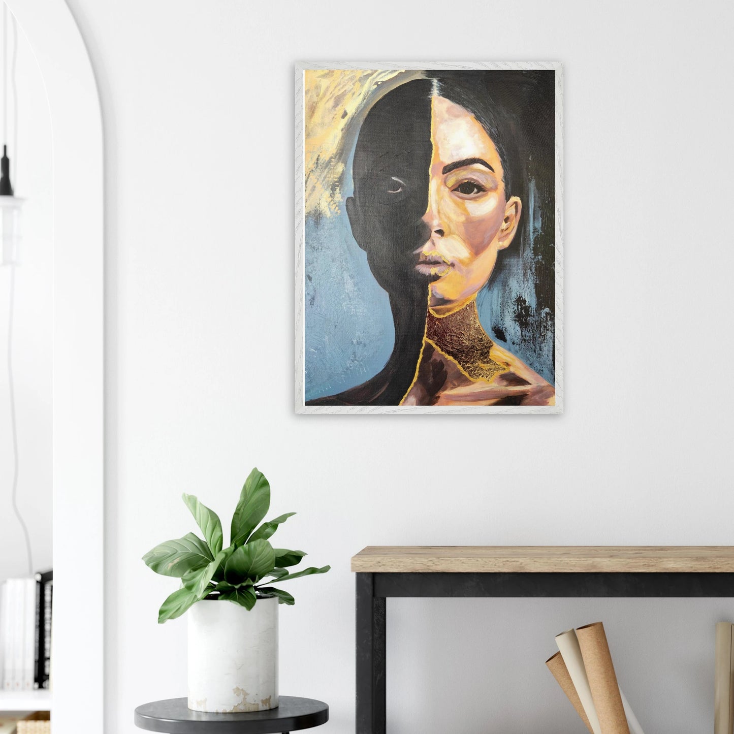 Originalgemälde Silence Is My Shield von Contemporary Artist Marika Junikajtes. Art with Soul. Series Strength Wears Black. Mixed Media (Acryl, Pouring) auf Leinwand