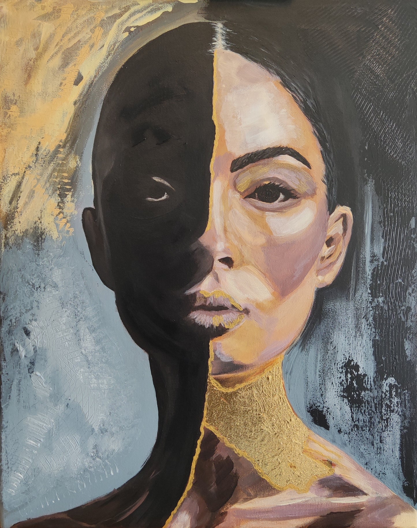 Originalgemälde Silence Is My Shield von Contemporary Artist Marika Junikajtes. Art with Soul. Series Strength Wears Black. Mixed Media (Acryl, Pouring) auf Leinwand