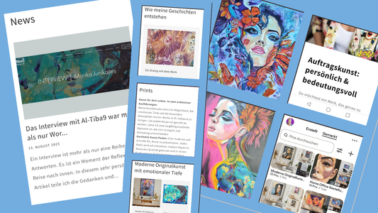 Blogbeitragbanner mit Blick in News, Interview mit Al-Tiba9, neuen Prints, Auftragskunst und Pinterest Profil von und mit der zeitgenössischen Künstlerin Marika Junikajtes