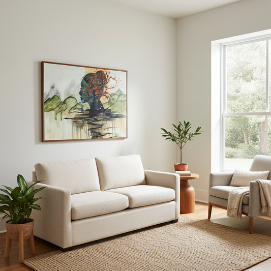 Beruhigendes, abstraktes, großes Leinwandbild. Schlafzimmer. Wohnzimmer. Mit Rahmen.