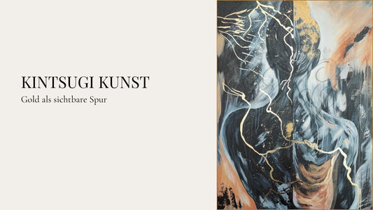 Kintsugi-inspiriertes Porträt „Golden Burden“ von Marika Junikajtes mit goldenen Reliefstrukturen und dem Schriftzug „Kintsugi Kunst – Gold als sichtbare Spur“.
