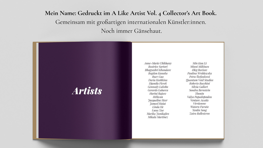 Künstler:innen Seite A Like Artist Collector’s Art Book2025 von Al-Tiba9 – mit allen vertretenen Künstler:innen, darunter auch Marika Junikajtes.