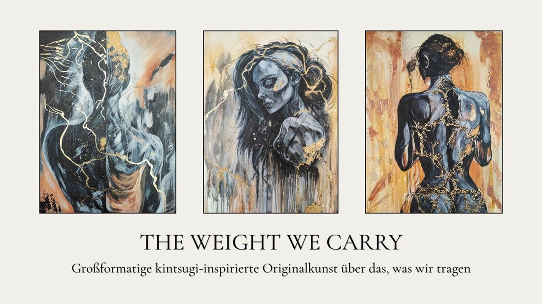 Kintsugi-inspirierte Originalkunst aus der Serie „The Weight We Carry“ von Marika Junikajtes mit Golden Burden, The Mind’s Gilded Tether und Fortress Of Light.