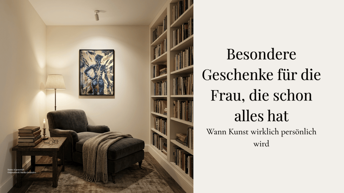 Kintsugi-inspiriertes Kunstwerk in einem ruhigen Leseraum mit Sessel und Bücherregal, Beitragsbild zum Thema besondere Geschenke für Frauen, die schon alles haben.