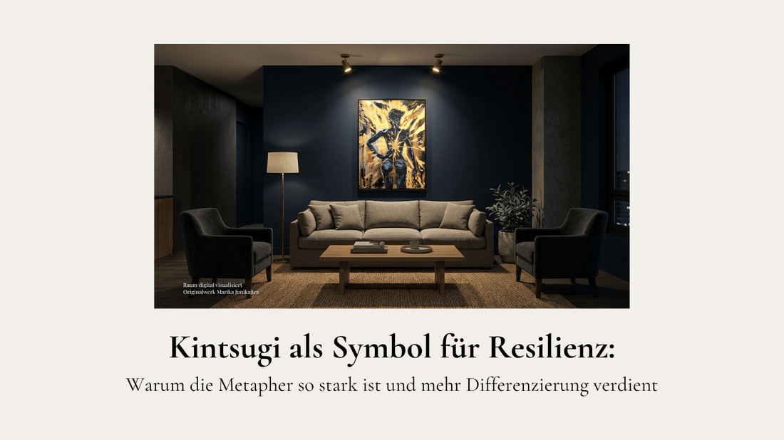Kintsugi als Symbol für Resilienz: digitale Raumvisualisierung des Mixed-Media-Originals „The Radiant Uprising“ von Marika Junikajtes in einem modernen dunklen Wohnzimmer.
