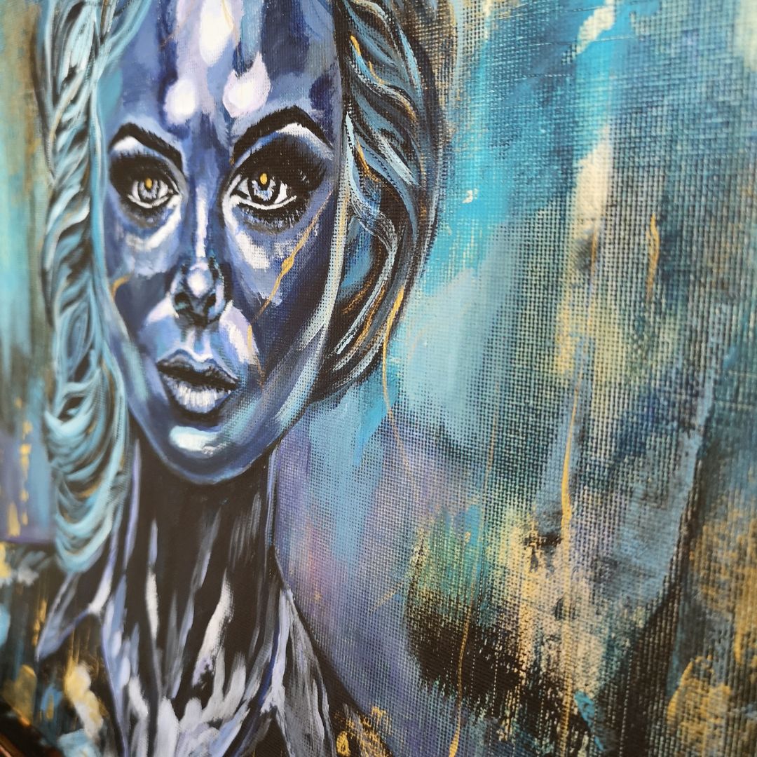 Abstraktes Mixed Media Portrait als Originalgemälde, zeitgenössische Kunst von Marika Junikajtes, Deutschland
