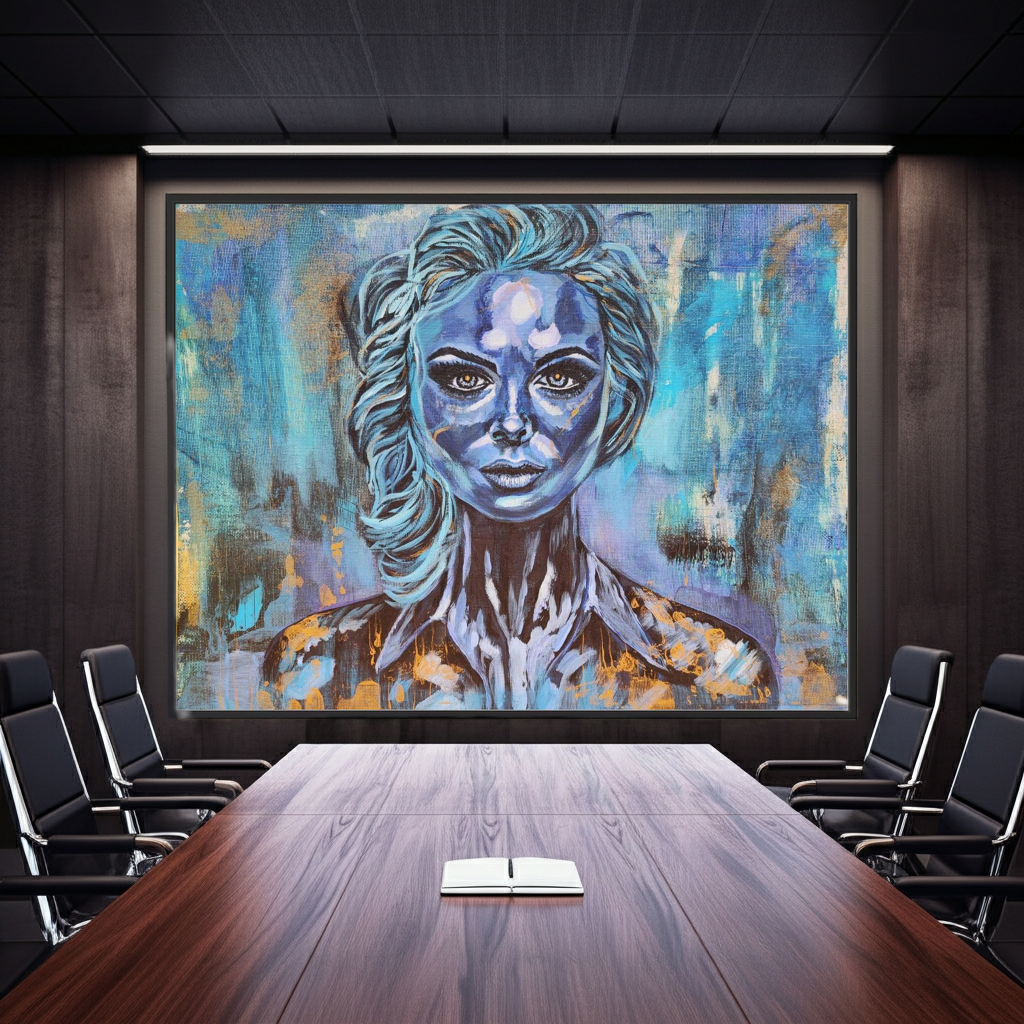 Individuelle Auftragskunst für Unternehmen: Großformatiges Porträtgemälde in Blau von Marika Junikajtes in modernem Konferenzraum.