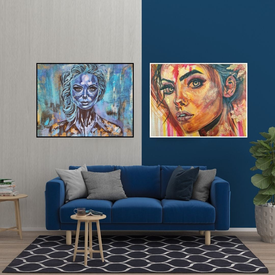 Wall Art, Chromatic Souls, gelbe blaue abstrakte Kunst von Marika Junikajtes im Wartebereich einer modernen Kanzlei. Werke: Against The Wall und Leaves Of Time