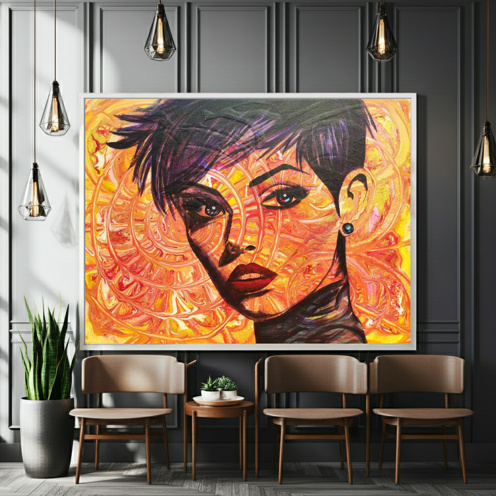 Modernes abstraktes Gemälde Gelb Orange, Serie The Seasons Beauty of Summer, Leinwanddruck kaufen, Wanddeko Wartebereich Kanzlei modern, Künstlerin Frankfurt.
