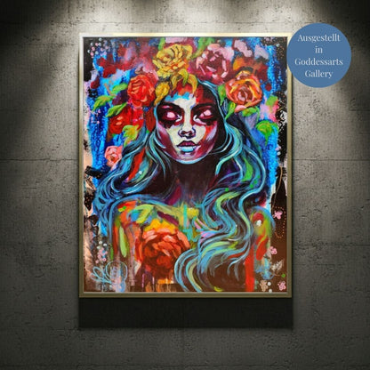 Abstraktes Mixed Media Porträt von der zeitgenössischen Künstlerin Marika Junikajtes, ausgestellt in der Goddessarts Gallery