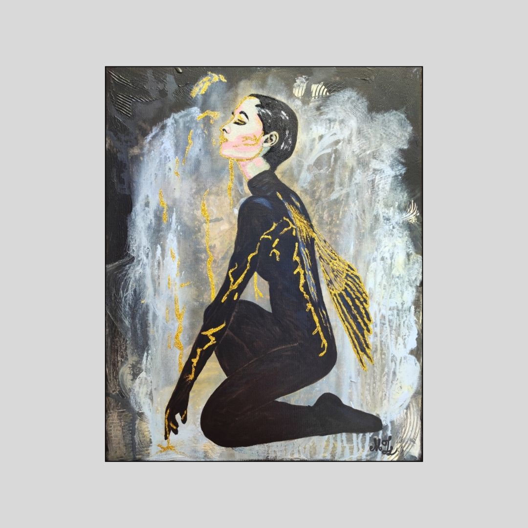 Abstraktes Mixed Media Portrait als Originalgemälde, zeitgenössische Kunst von Marika Junikajtes, Deutschland
