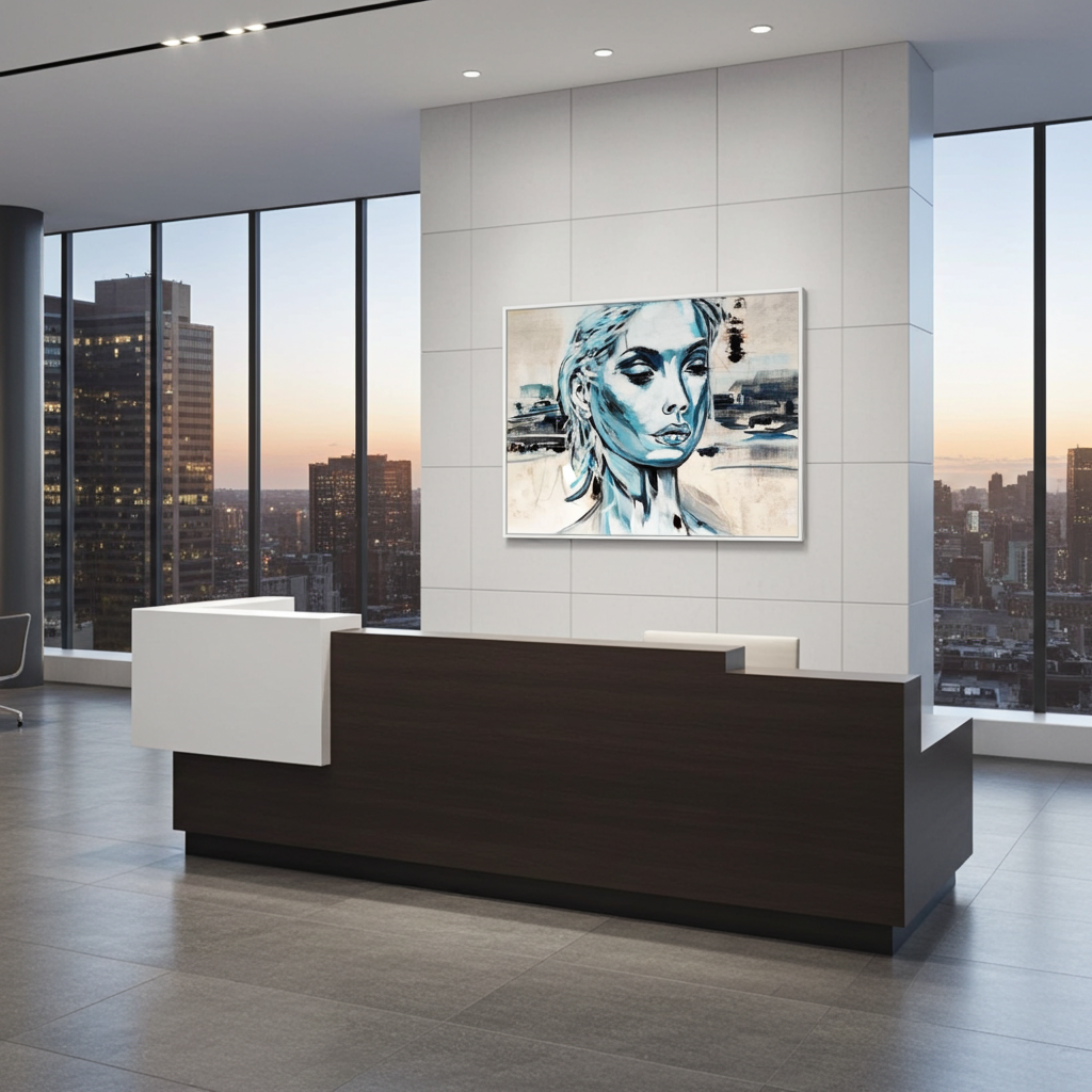 Clarity Of Beginning von Marika Junikajtes, abstrakte, moderne Kunst als XXL Leinwanddruck in einem stilvollen Empfangsbereich einer Kanzlei. Kunst für den Eingangsbereich