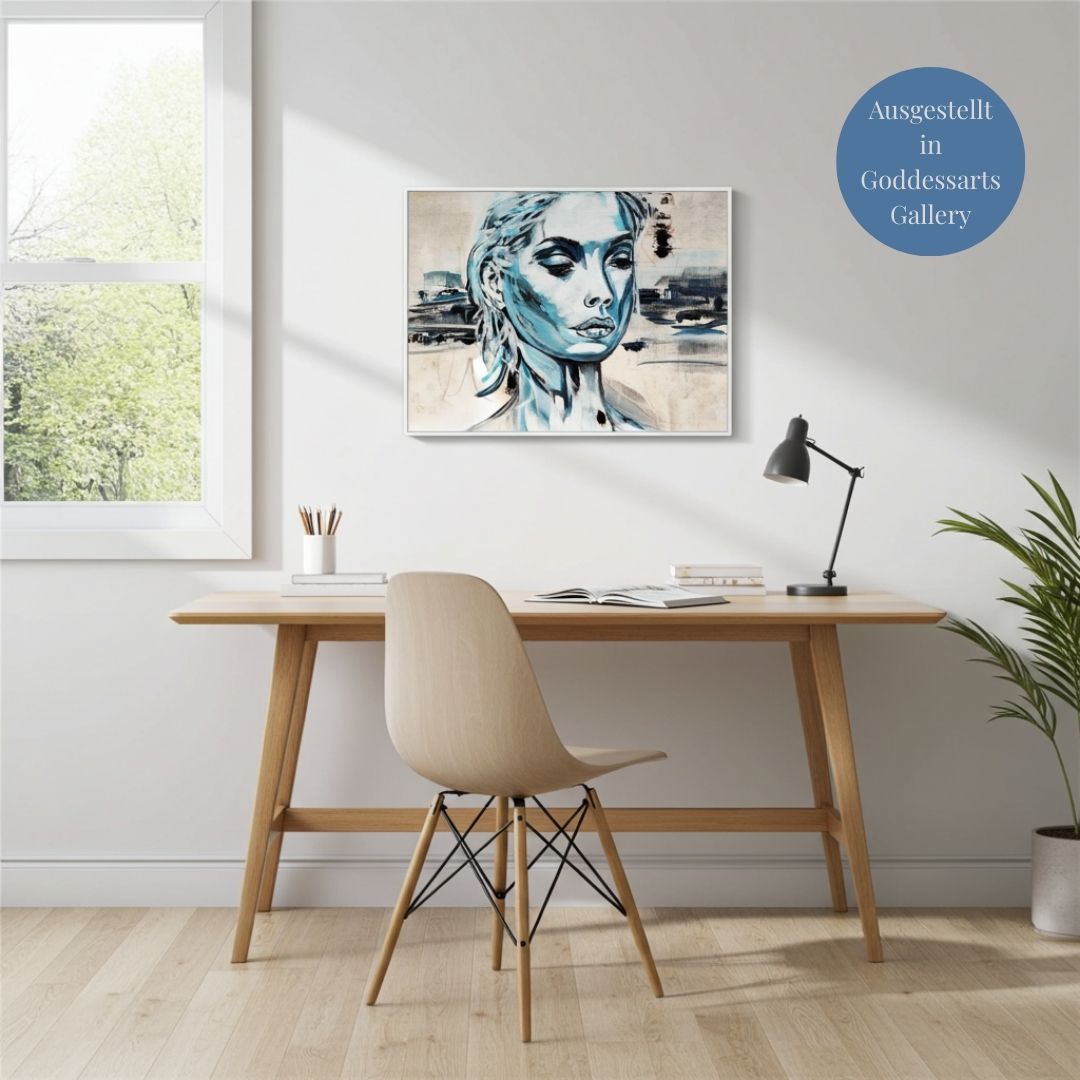 Abstraktes Mixed Media Porträt von der zeitgenössischen Künstleirn Marika Junikajtes, ausgestellt in der Goddessarts Gallery