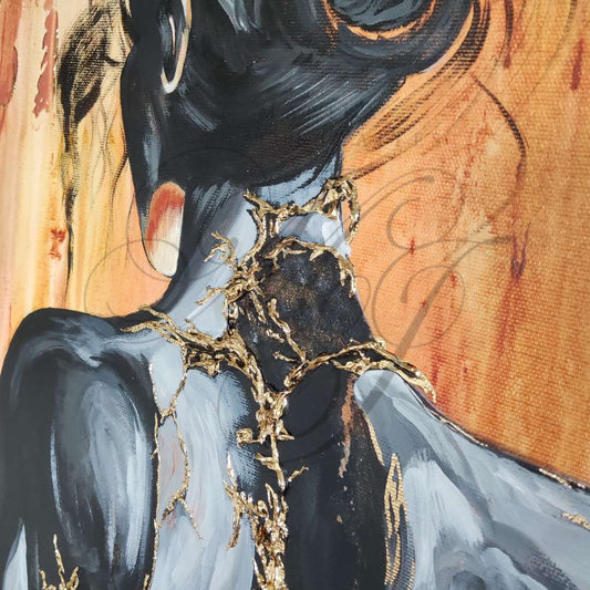 Großformatiges modernes Wandbild in Gold und Erdtönen, abstrakte Frauen Figur mit Struktur-Effekten, Kintsugi-Kunst, Dekoration für Wohnzimmer. Nahaufnahme, Originalgemälde Fortress Of Light von Marika Junikajtes.