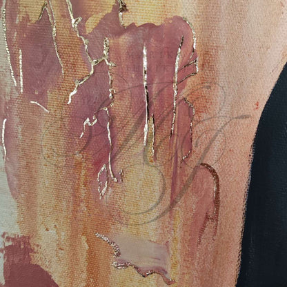 Großformatiges modernes Wandbild in Gold und Erdtönen, abstrakte Frauen Figur mit Struktur-Effekten, Kintsugi-Kunst, Dekoration für Wohnzimmer. Nahaufnahme, Originalgemälde Fortress Of Light von Marika Junikajtes.