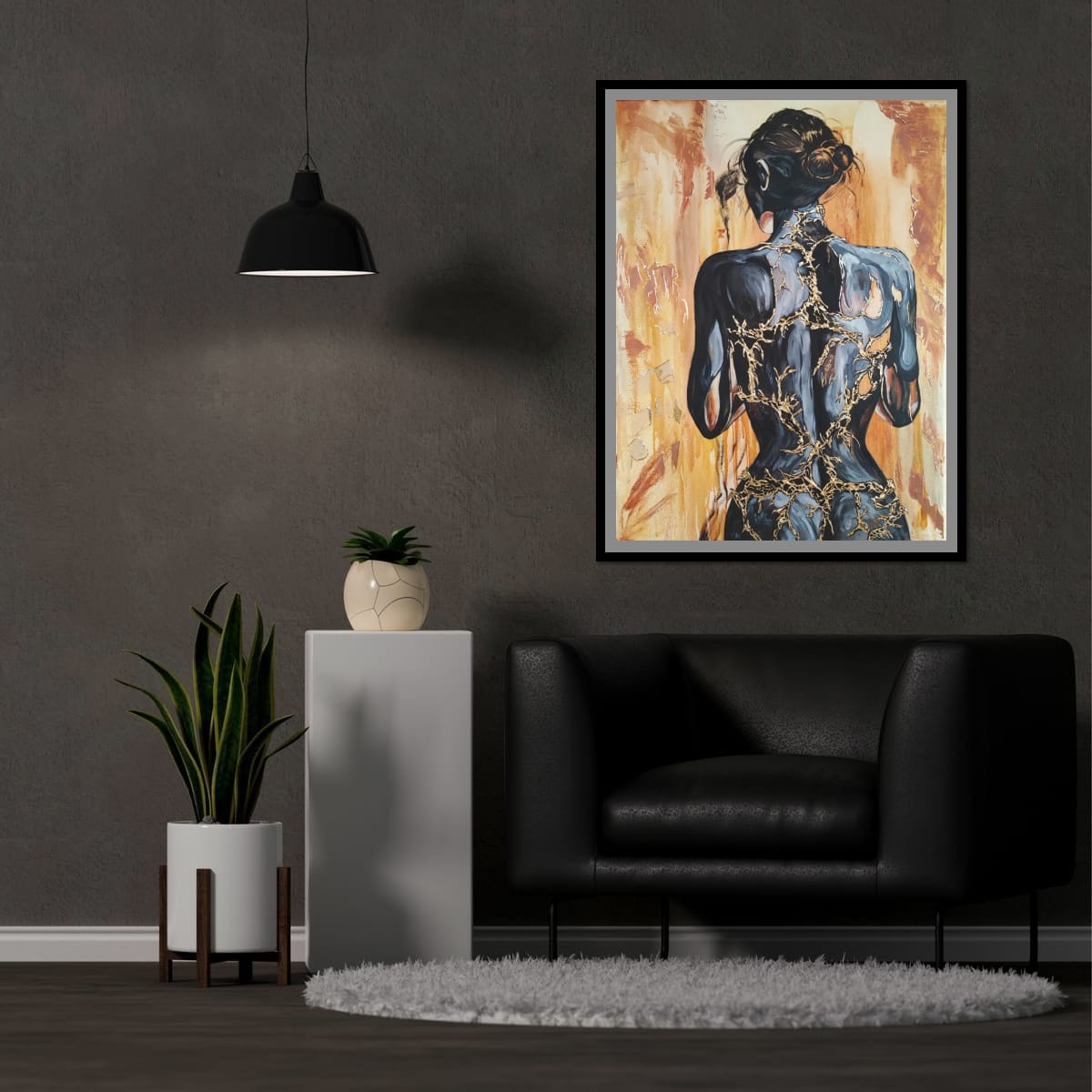 Großformatiges modernes Wandbild in Gold und Erdtönen, abstrakte Frauen Figur mit Struktur-Effekten, Kintsugi-Kunst, Dekoration für Wohnzimmer. Originalgemälde Fortress Of Light von Marika Junikajtes.