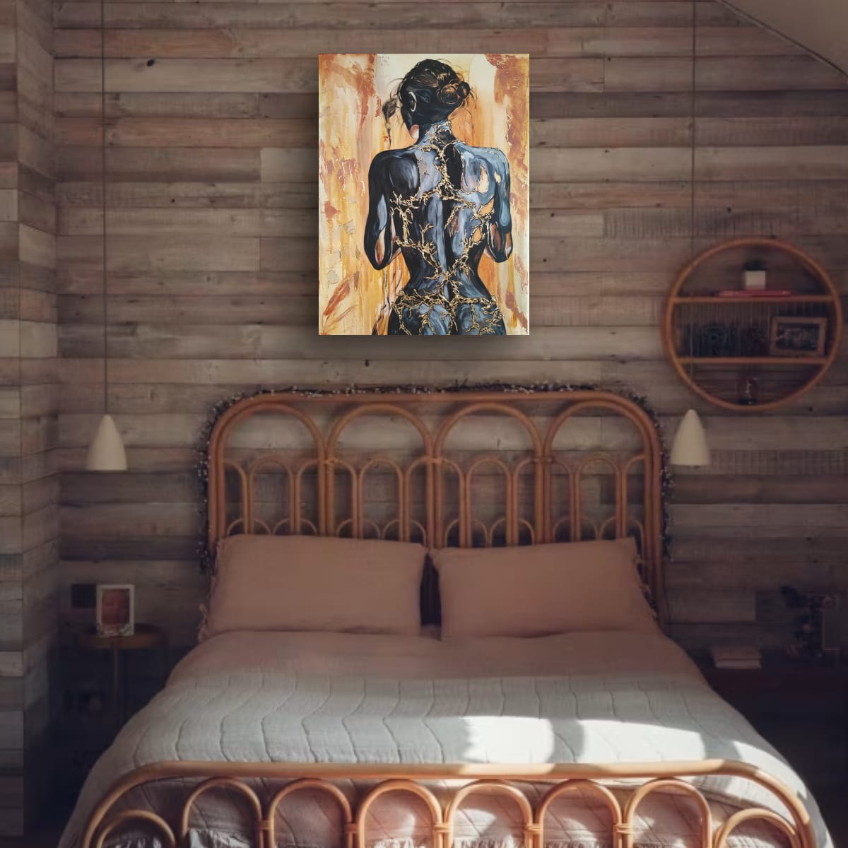 Großformatiges modernes Wandbild in Gold und Erdtönen, abstrakte Frauen Figur mit Struktur-Effekten, Kintsugi-Kunst, Dekoration für Schlafzimmer. Originalgemälde Fortress Of Light von Marika Junikajtes.