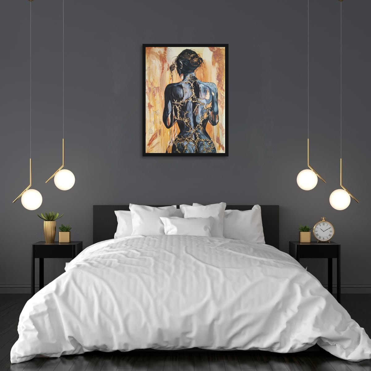 Großformatiges modernes Wandbild in Gold und Erdtönen, abstrakte Frauen Figur mit Struktur-Effekten, Kintsugi-Kunst, Dekoration für Schlafzimmer. Originalgemälde Fortress Of Light von Marika Junikajtes.