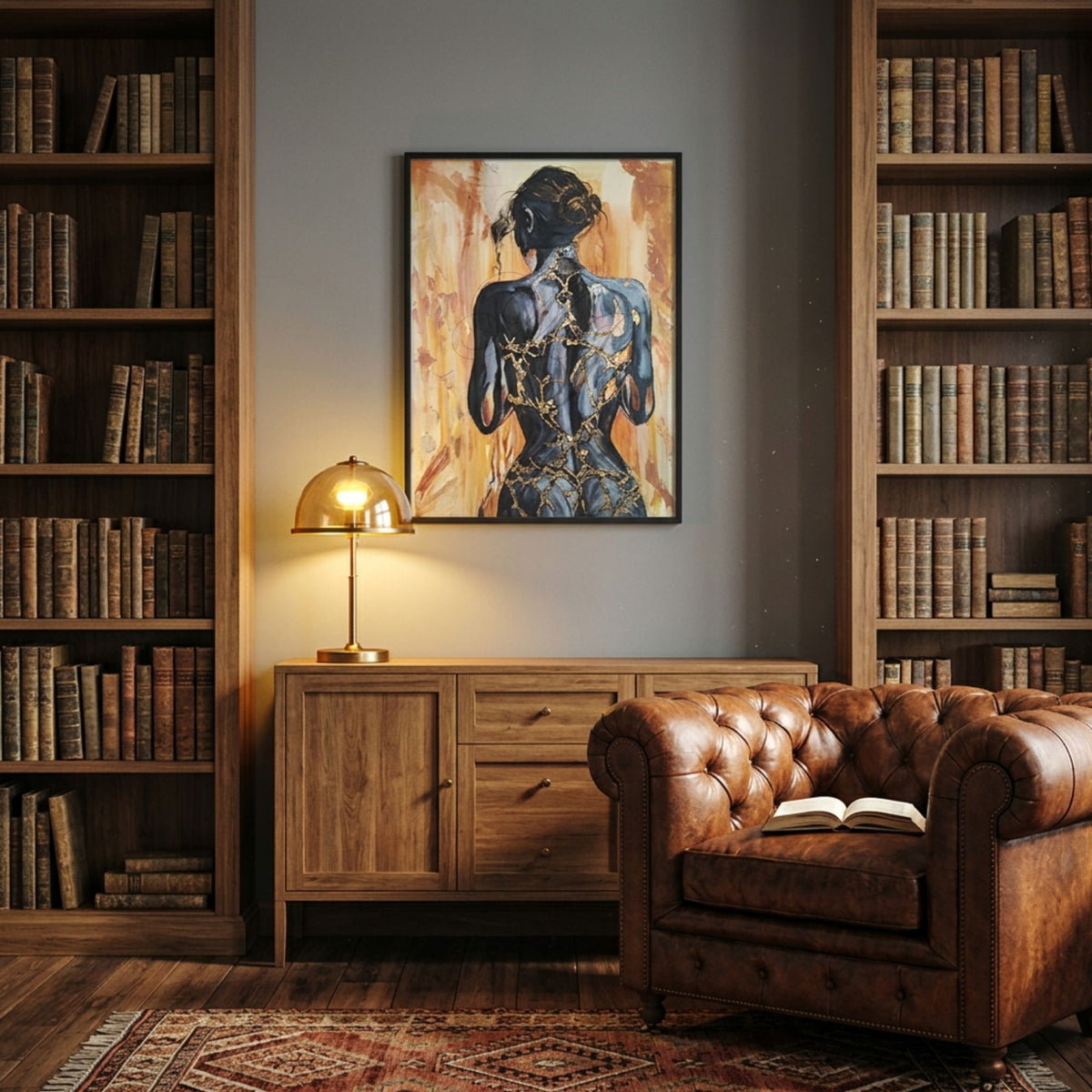 Digitale Raumvisualisierung des Originalgemäldes „Fortress Of Light“ von Marika Junikajtes in einer privaten Bibliothek mit hohen Holzregalen, Chesterfield-Sessel und Messingleuchte. Das 60 × 80 cm große Mixed-Media-Werk zeigt eine weibliche Rückenfigur in Schwarz, Grau und Gold mit kintsugi-inspirierten Strukturen.