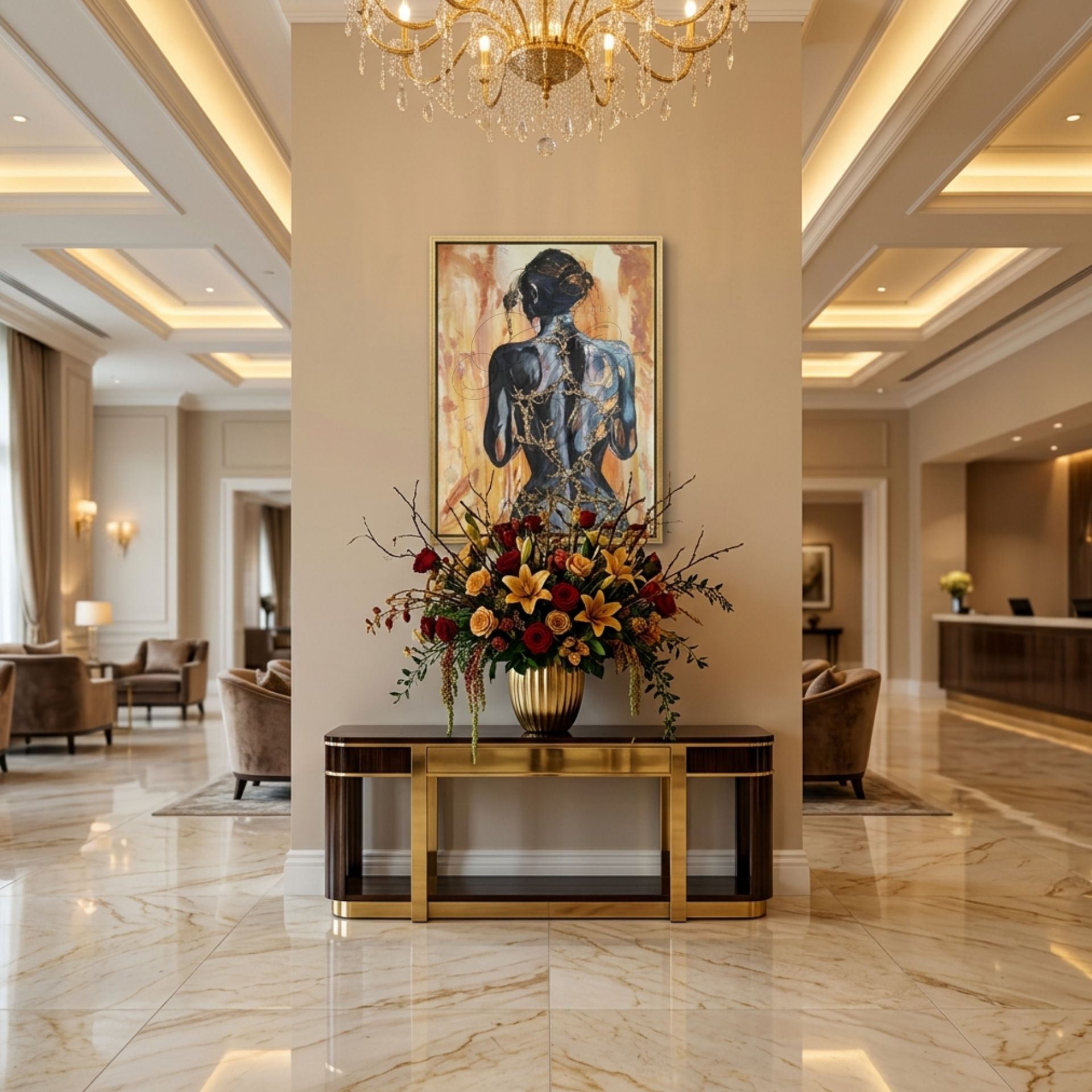 Digitale Raumvisualisierung des Originalgemäldes „Fortress Of Light“ von Marika Junikajtes in einer eleganten Hotel-Lobby mit Marmorboden, Kronleuchter und goldfarbener Konsole. Die weibliche Rückenfigur mit Goldlinien bildet den visuellen Mittelpunkt des repräsentativen Raumes.