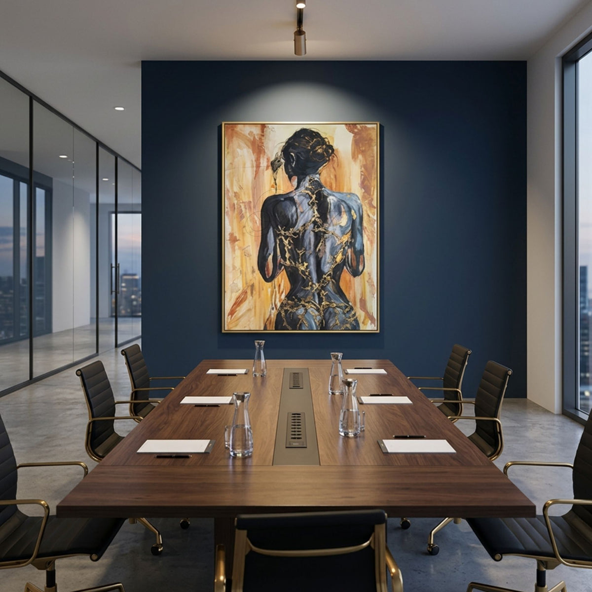 Digitale Raumvisualisierung von „Fortress Of Light“, einem 60 × 80 cm großen Originalgemälde von Marika Junikajtes, in einem modernen Konferenzraum mit dunkelblauer Akzentwand, Nussbaumtisch und schwarzen Lederstühlen. Das Mixed-Media-Werk zeigt eine abstrahierte Frauenfigur mit goldenen Strukturen.