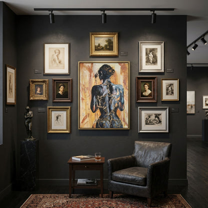 Digitale Raumvisualisierung von „Fortress Of Light“ als zentrales Werk einer privaten Galeriewand mit historischen Porträts, Zeichnungen und Skulptur. Das 60 × 80 cm große Originalgemälde von Marika Junikajtes zeigt eine dunkle Rückenfigur mit kintsugi-inspirierten Goldstrukturen.