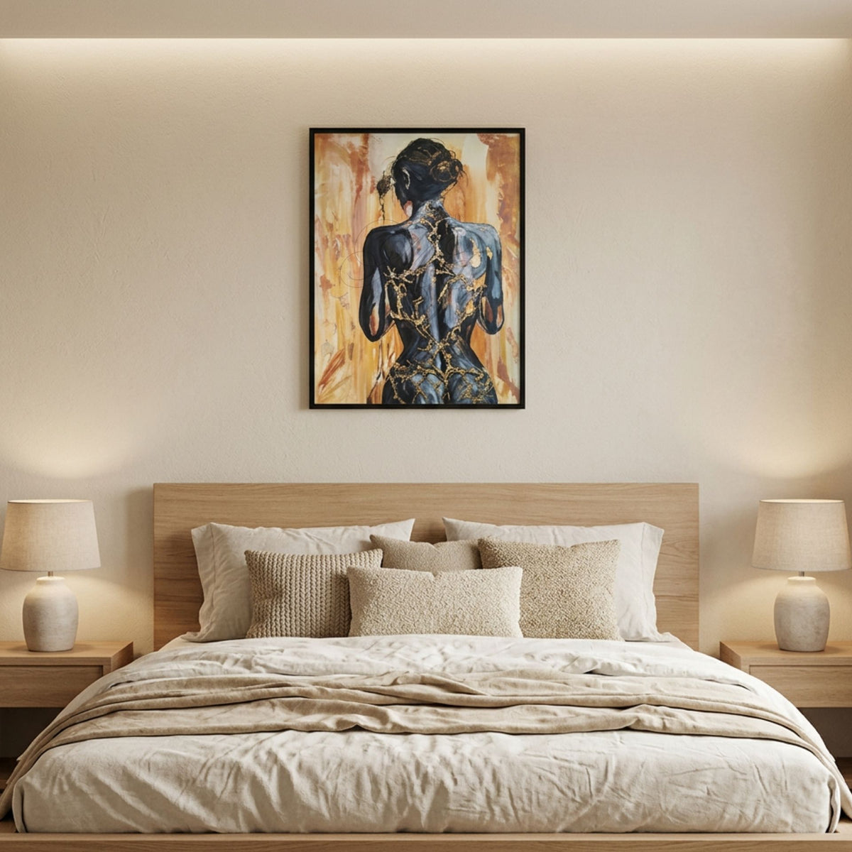 Digitale Raumvisualisierung des Originalgemäldes „Fortress Of Light“ von Marika Junikajtes über einem niedrigen Holzbett in einem hellen Schlafzimmer mit Naturtextilien, warmen Neutraltönen und symmetrischen Nachttischleuchten. Das 60 × 80 cm große Mixed-Media-Werk zeigt eine weibliche Rückenfigur mit goldenen, kintsugi-inspirierten Strukturen.