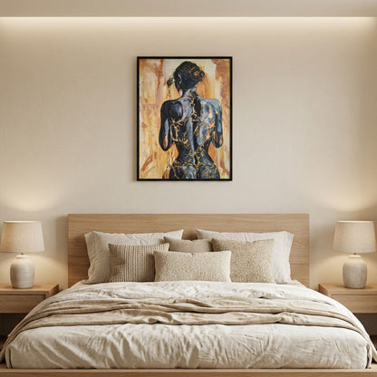 Digitale Raumvisualisierung des Originalgemäldes „Fortress Of Light“ von Marika Junikajtes über einem niedrigen Holzbett in einem hellen Schlafzimmer mit Naturtextilien, warmen Neutraltönen und symmetrischen Nachttischleuchten. Das 60 × 80 cm große Mixed-Media-Werk zeigt eine weibliche Rückenfigur mit goldenen, kintsugi-inspirierten Strukturen.