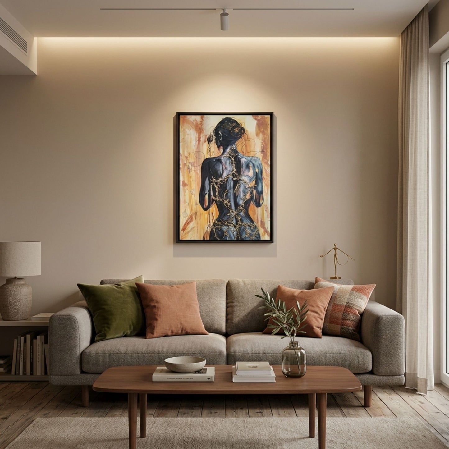 Digitale Raumvisualisierung des Originalgemäldes „Fortress Of Light“ von Marika Junikajtes über einem grauen Sofa in einem warm eingerichteten Wohnzimmer mit Naturholz, Leinentextilien und erdigen Akzentfarben. Das 60 × 80 cm große Mixed-Media-Werk zeigt eine dunkle Rückenfigur mit markanten goldenen Linien.