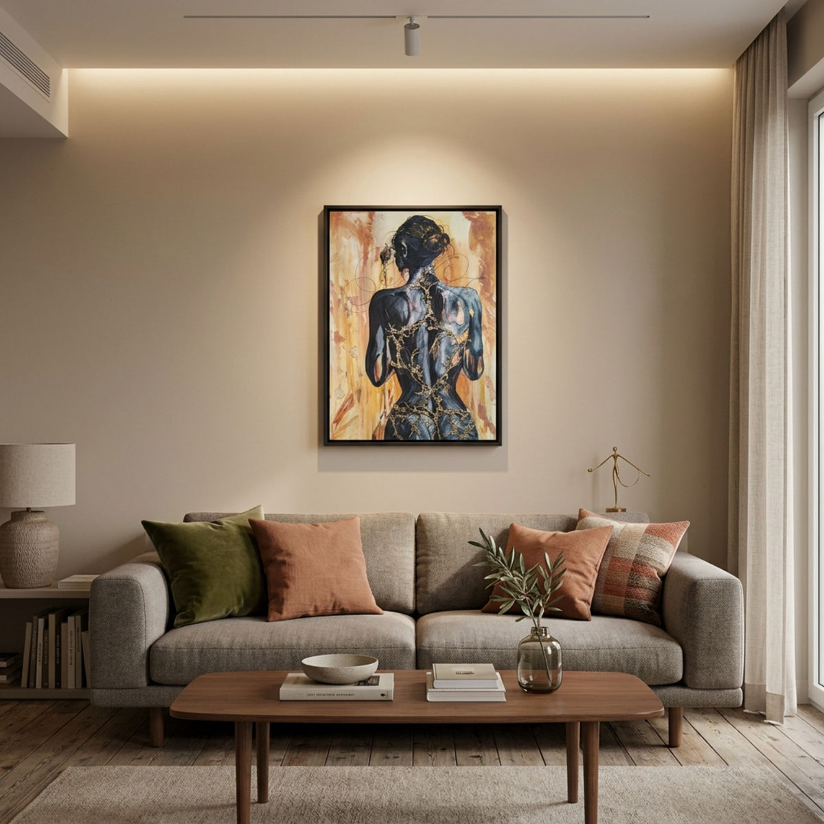 Digitale Raumvisualisierung des Originalgemäldes „Fortress Of Light“ von Marika Junikajtes über einem grauen Sofa in einem warm eingerichteten Wohnzimmer mit Naturholz, Leinentextilien und erdigen Akzentfarben. Das 60 × 80 cm große Mixed-Media-Werk zeigt eine dunkle Rückenfigur mit markanten goldenen Linien.