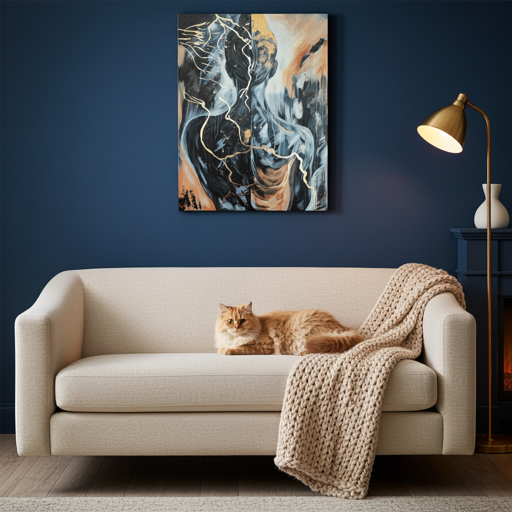 Großformatiges modernes Wandbild in Gold und Erdtönen, abstrakte Figur mit Struktur-Effekten, Kintsugi-Stil Dekoration für Wohnzimmer. Originalgemälde Golden Burden von Marika Junikajtes.