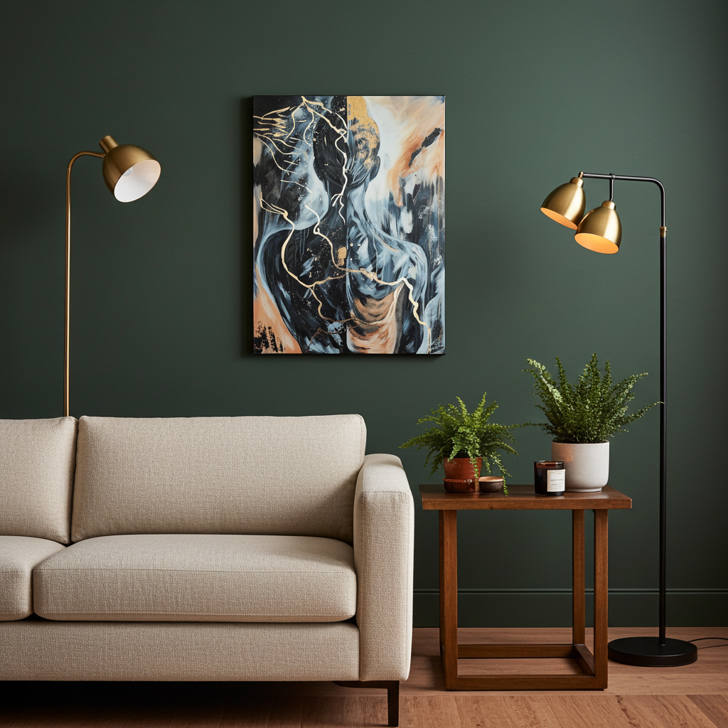 Großformatiges modernes Wandbild in Gold und Erdtönen, abstrakte Figur mit Struktur-Effekten, Kintsugi-Stil Dekoration für Wohnzimmer. Originalgemälde Golden Burden von Marika Junikajtes.