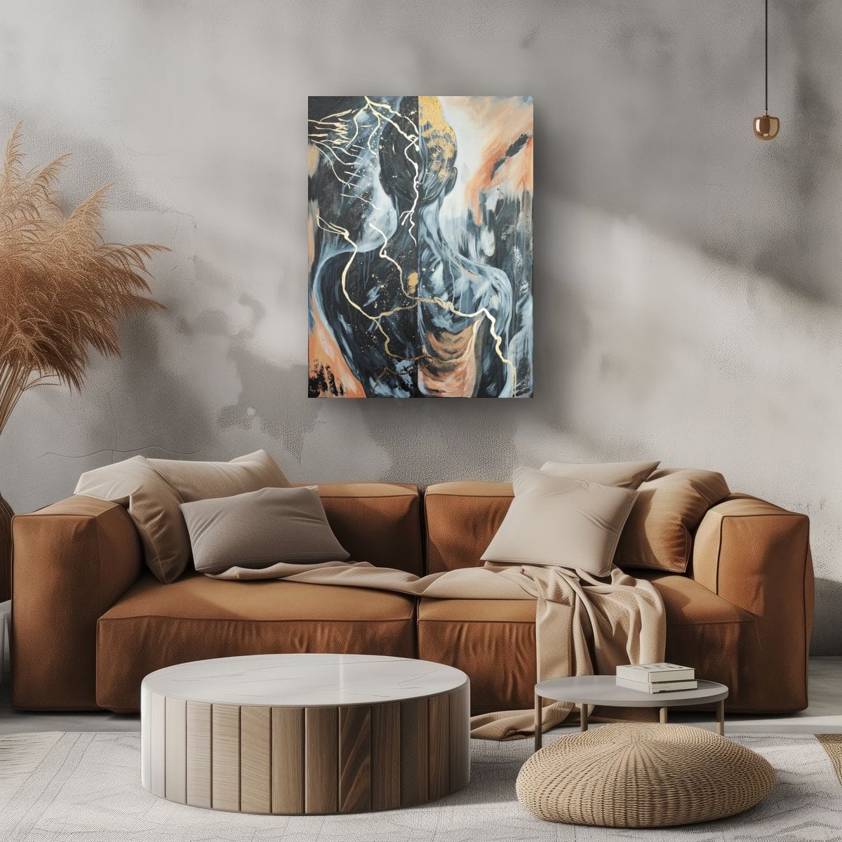 Digitale Raumvisualisierung des Mixed-Media-Originals „Golden Burden“ in einem modernen Wohnzimmer mit braunem Sofa, Naturmaterialien und neutraler Farbgestaltung. Das Werk hängt zentral über dem Sofa und prägt die Raumwirkung.