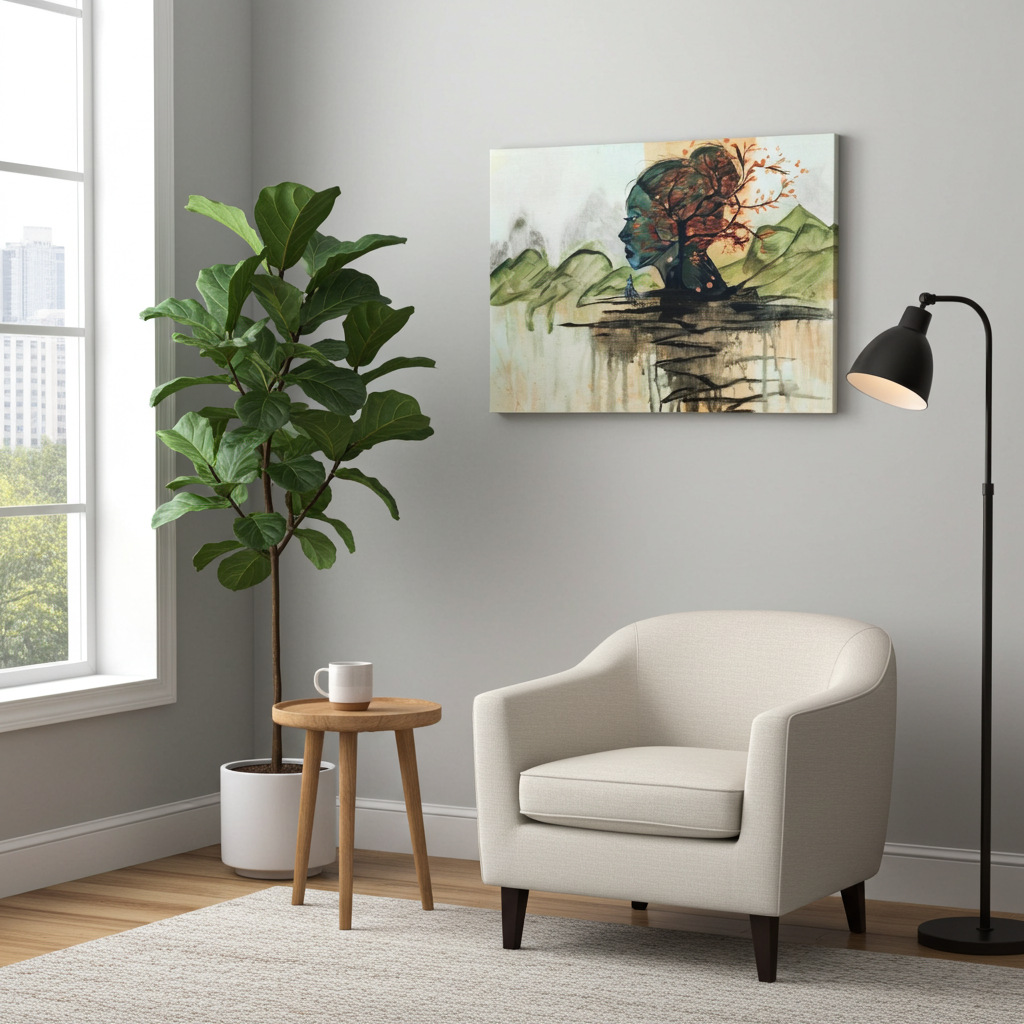 Horizon Of Inner Peace als Leinwanddruck von zeitgenössischer Künstlerin Marika Junikajtes, Deutschland. Expressives, abstraktes grün rotes Porträt in Landschaft als ruhiges Wandbild in Holzrahmen in einem weißen Raum.Wartebereich.