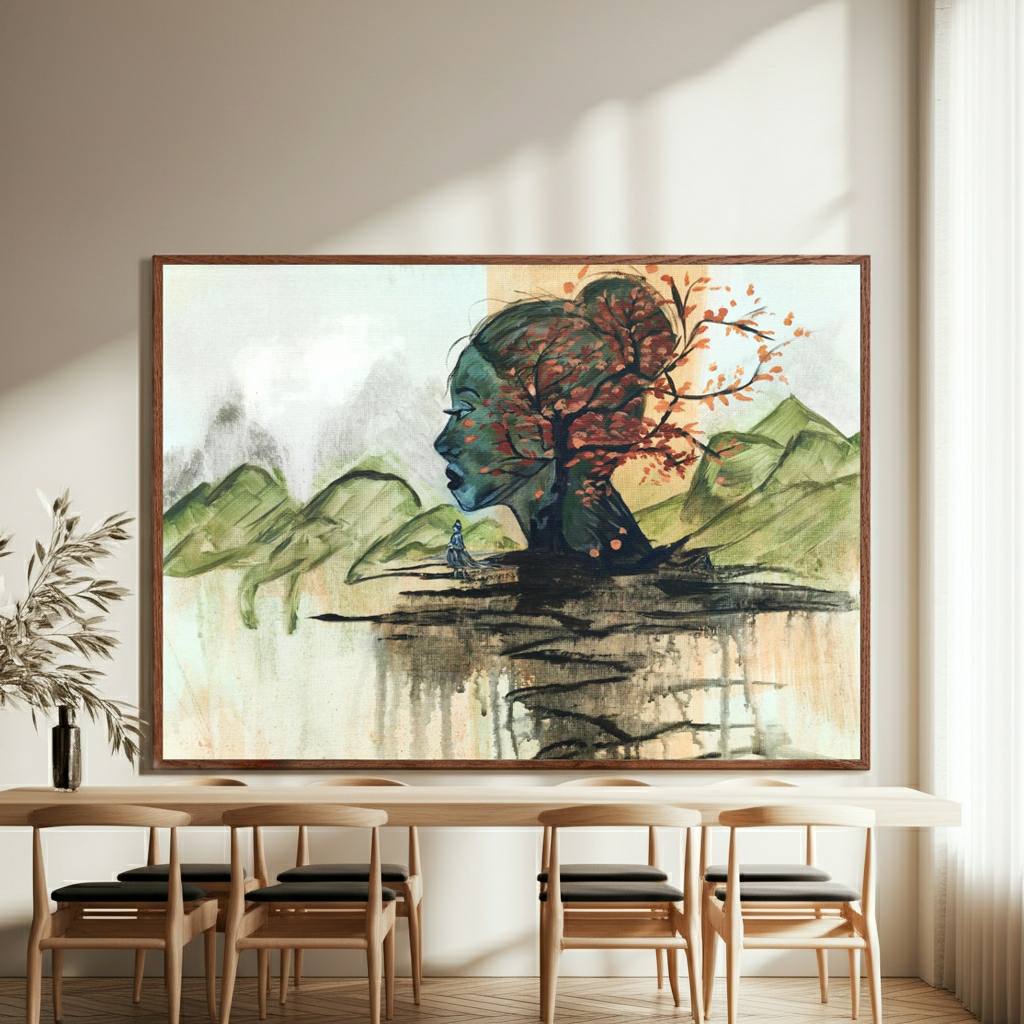 Horizon Of Inner Peace Abstrakte Kunst Wandbild für Meetingraum / Konferenzraum. Grün Erdfarben Terrakotta. Kanzlei Business Interior Marika Junikajtes 