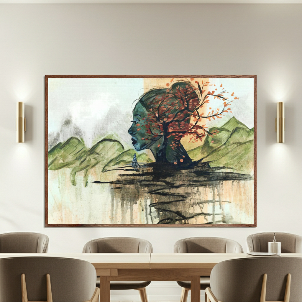 Horizon Of Inner Peace Abstrakte Kunst Wandbild für Meetingraum / Konferenzraum. Grün Erdfarben Terrakotta. Kanzlei Business Interior Marika Junikajtes 