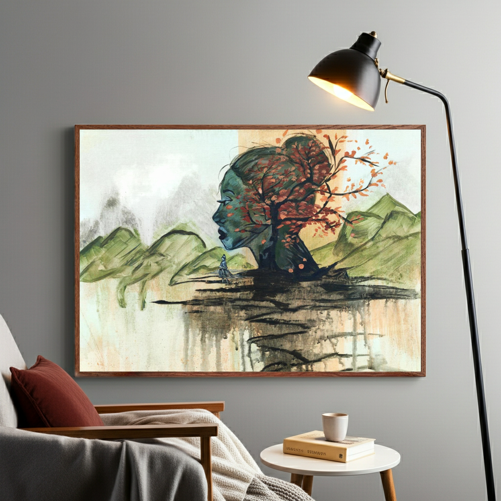 Horizon Of Inner Peace als Kunstdruck von zeitgenössischer Künstlerin Marika Junikajtes, Deutschland. Expressives, abstraktes grün rotes Porträt in Landschaft als ruhiges Wandbild in Holzrahmen in einem weißen Raum. Leseecke. Wohnzimmer.