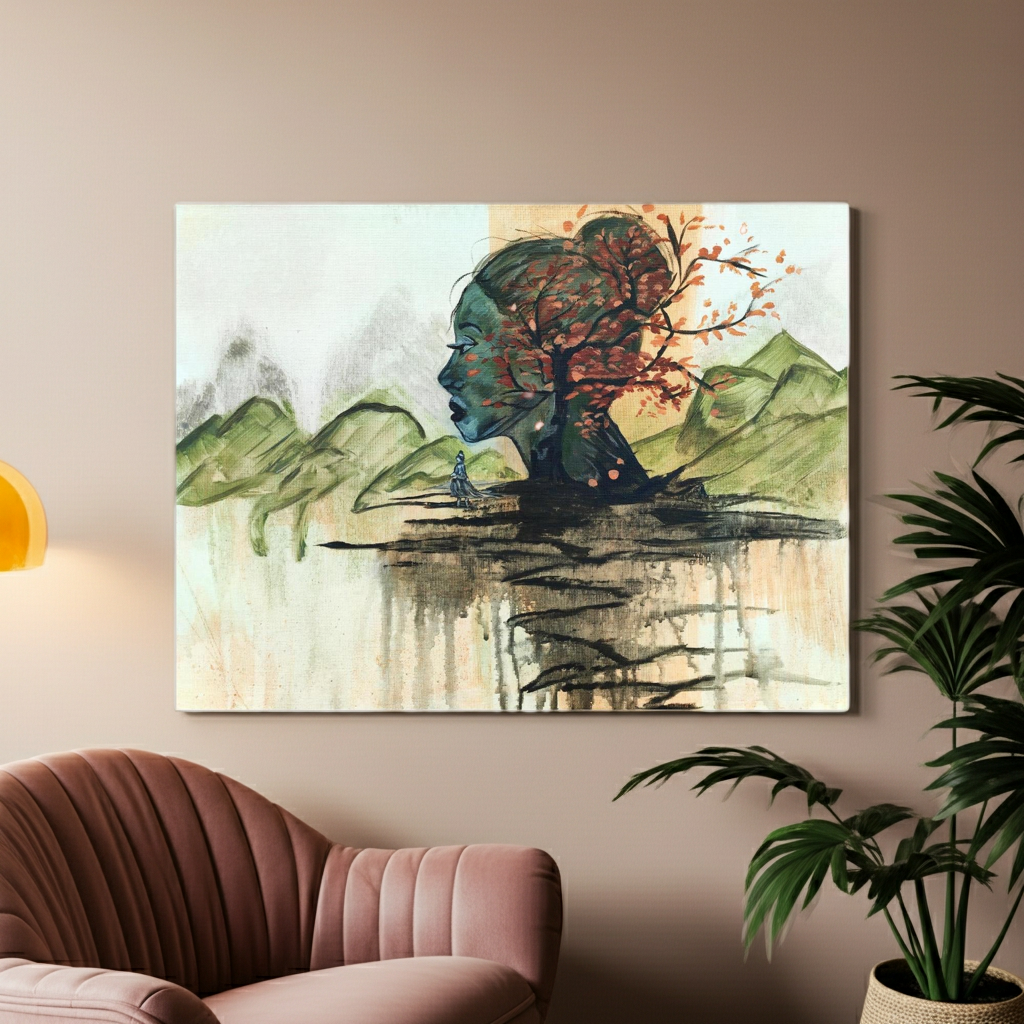 Horizon Of Inner Peace als Kunstdruck von zeitgenössischer Künstlerin Marika Junikajtes, Deutschland. Expressives, abstraktes grün rotes Porträt in Landschaft als ruhiges Wandbild in Holzrahmen in einem hellen Raum. Leseecke. Wohnzimmer.