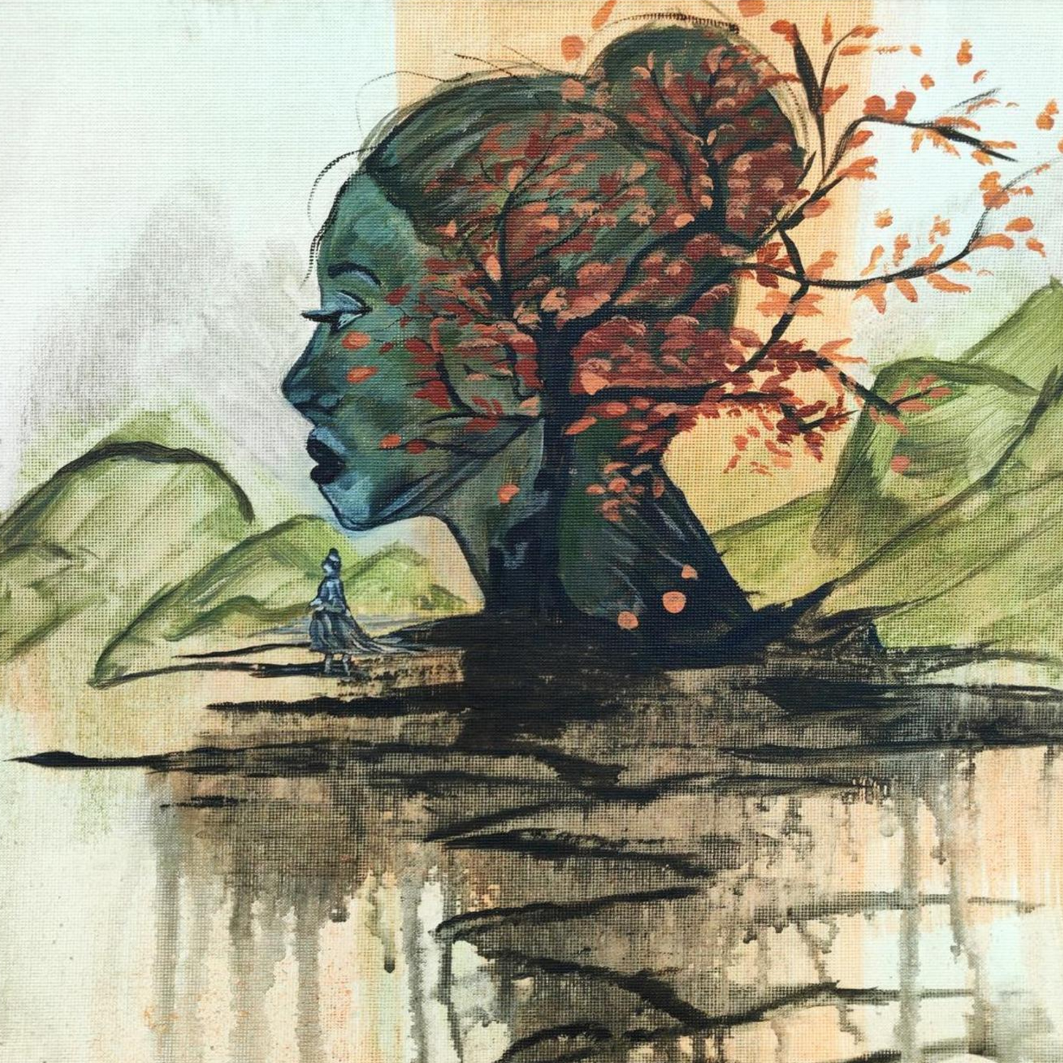 Horizon Of Inner Peace als Kunstdruck von zeitgenössischer Künstlerin Marika Junikajtes, Deutschland. Expressives, abstraktes grün rotes Porträt in Landschaft als ruhiges Wandbild.