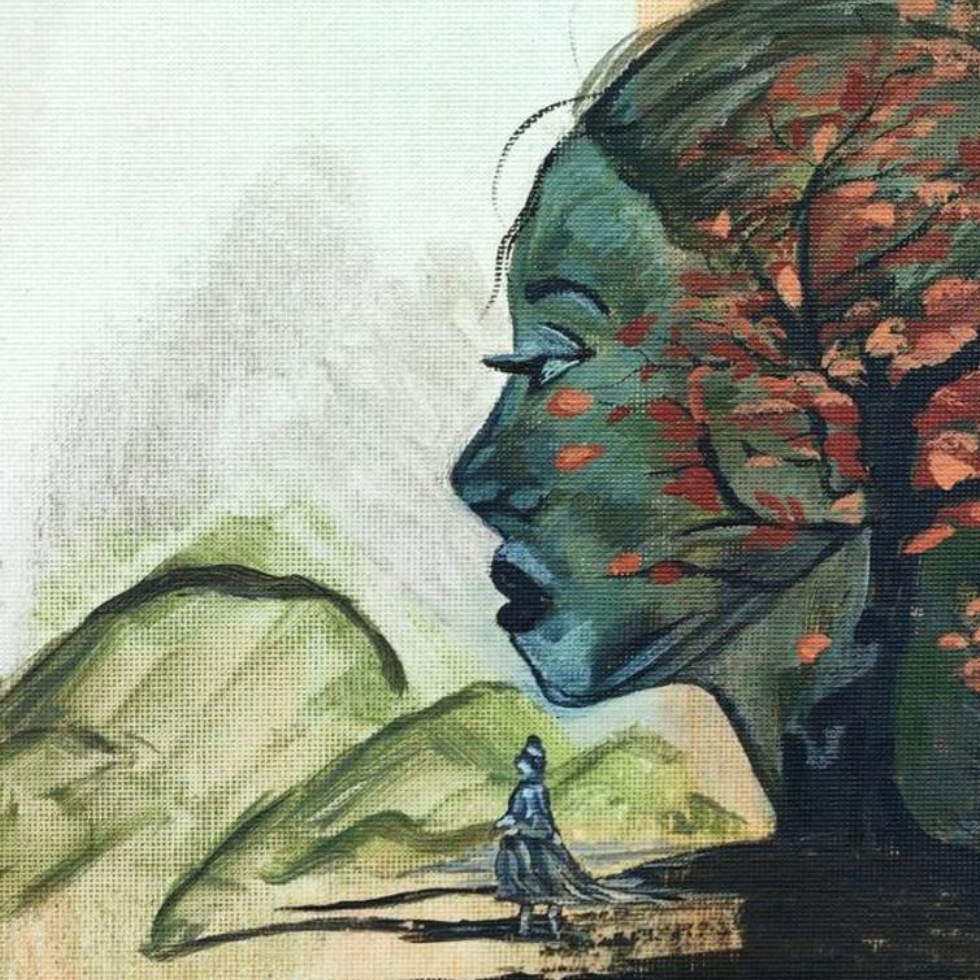 Horizon Of Inner Peace als Kunstdruck von zeitgenössischer Künstlerin Marika Junikajtes, Deutschland. Expressives, abstraktes grün rotes Porträt in Landschaft als ruhiges Wandbild.