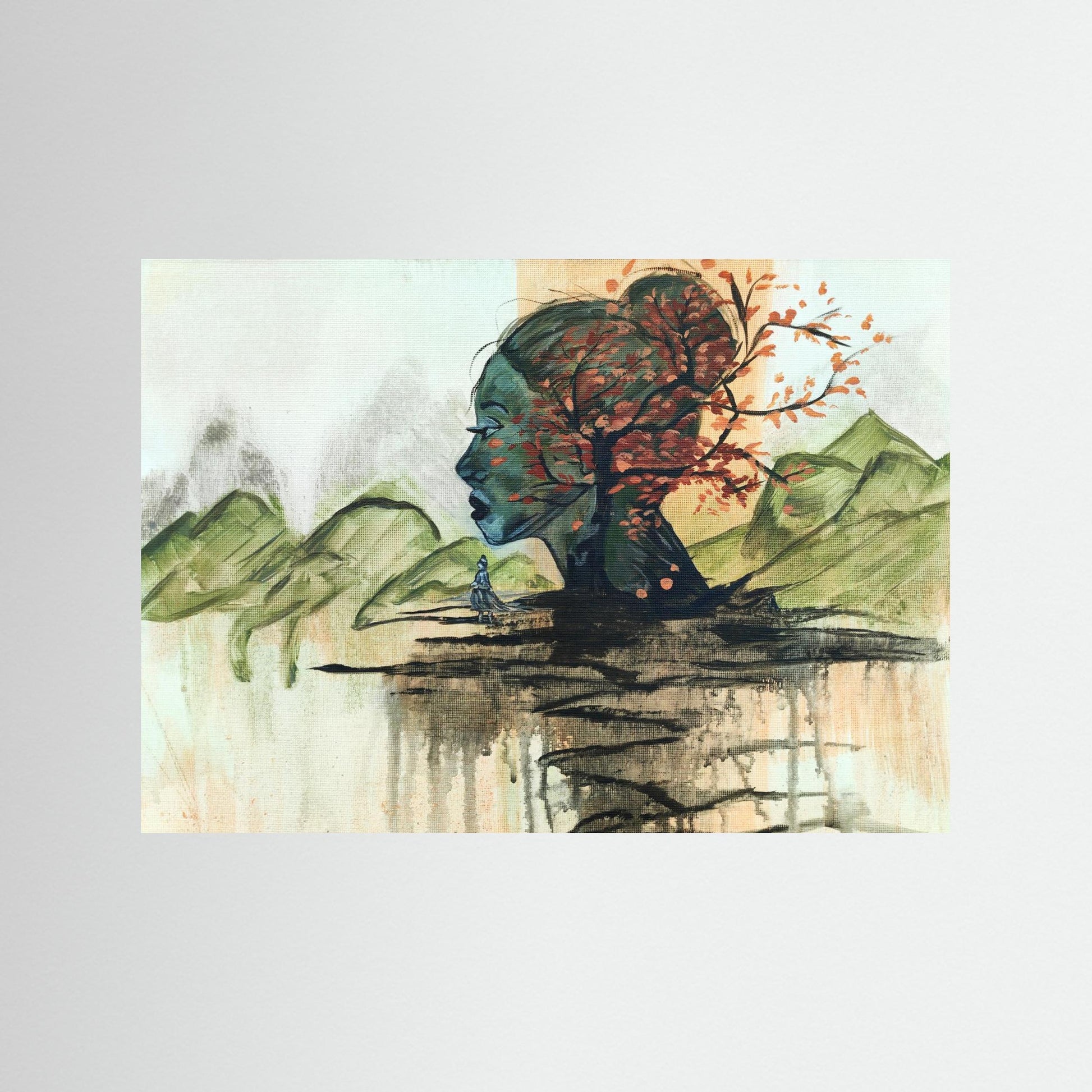 Horizon Of Inner Peace als Kunstdruck von zeitgenössischer Künstlerin Marika Junikajtes, Deutschland. Expressives, abstraktes grün rotes Porträt in Landschaft als ruhiges Wandbild.