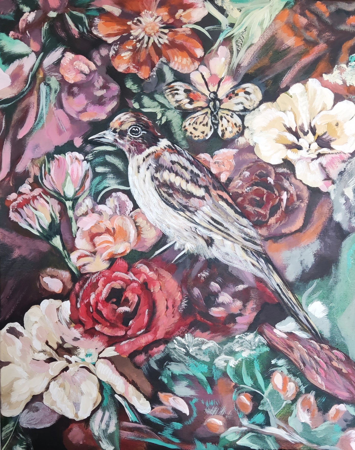 abstraktes, expressionistes Gemälde einer botanischen Landschaft mit Vogel udn Schmetterling von Marika Junikajtes, rot, schwarz, bege. Für Wohnzimmer und Esszimmer