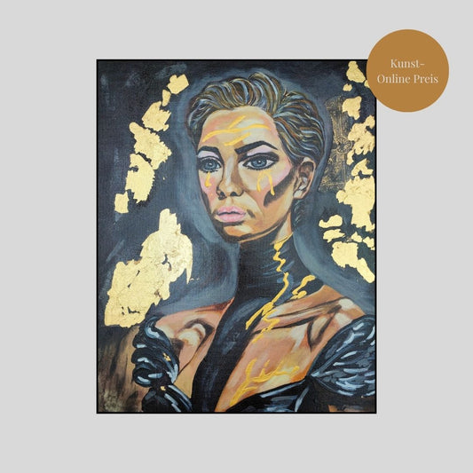 I'm Still Here, Gewinnerauswahl 20. Kunst -Online Preis. Marika Junikajtes. Abstraktes,expressives Porträt, schwarz, gold.