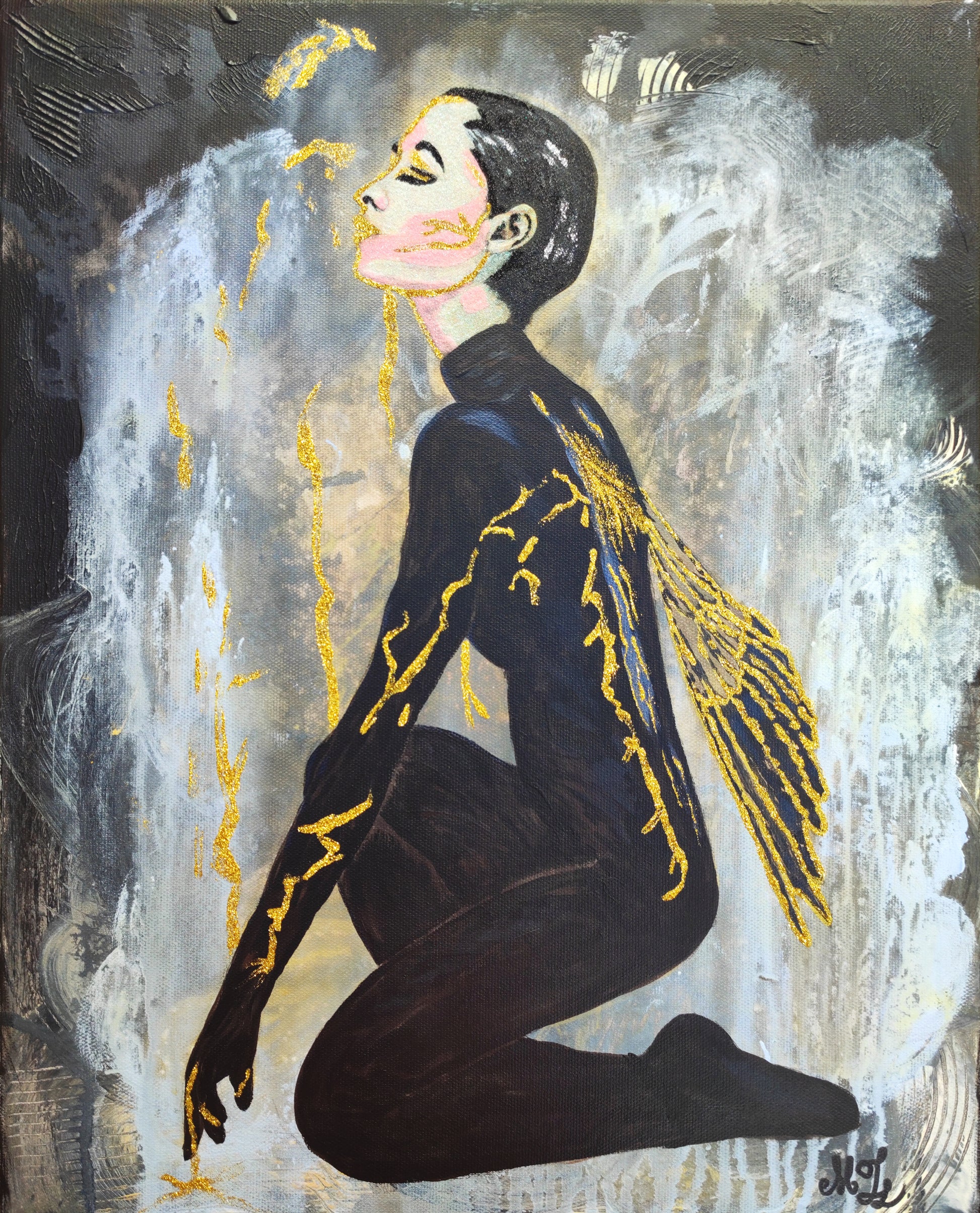 Originalgemälde Between Falling and Flying der zeitgenössischen Künstlerin Marika Junikajtes aus dem Großraum Frankfurt, Deutschland. Mixed Media auf Leinwand (Acryl, Metallicfarben, Glitzer)
