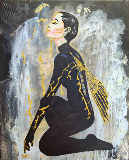 Originalgemälde Between Falling and Flying der zeitgenössischen Künstlerin Marika Junikajtes aus dem Großraum Frankfurt, Deutschland. Mixed Media auf Leinwand (Acryl, Metallicfarben, Glitzer)
