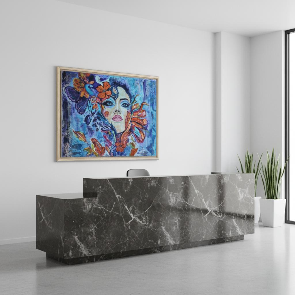 Rising Into Freedom, Gemälde der zeitgenössischen Künstlerin Marika Junikajtes hängt an einer weißen Wand mit einem stilvollen Empfangsbereich einer Wirtschafts-/Anwaltskanzlei. Daneben stehen zwei Grünpflanzen.